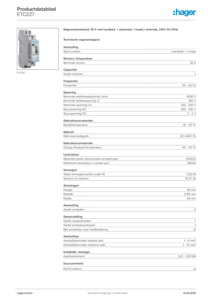Afbeelding Hager Productdatablad ETC227 | Hager Nederland