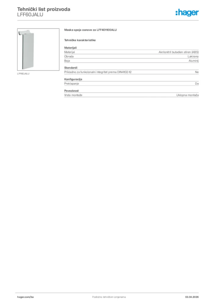 Slika Hager Tehnički list proizvoda LFF60JALU  | Hager