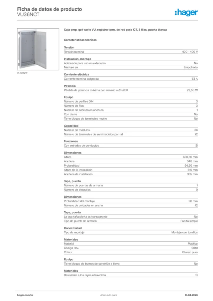 Imagen Hager Ficha de datos de producto VU36NCT | Hager España