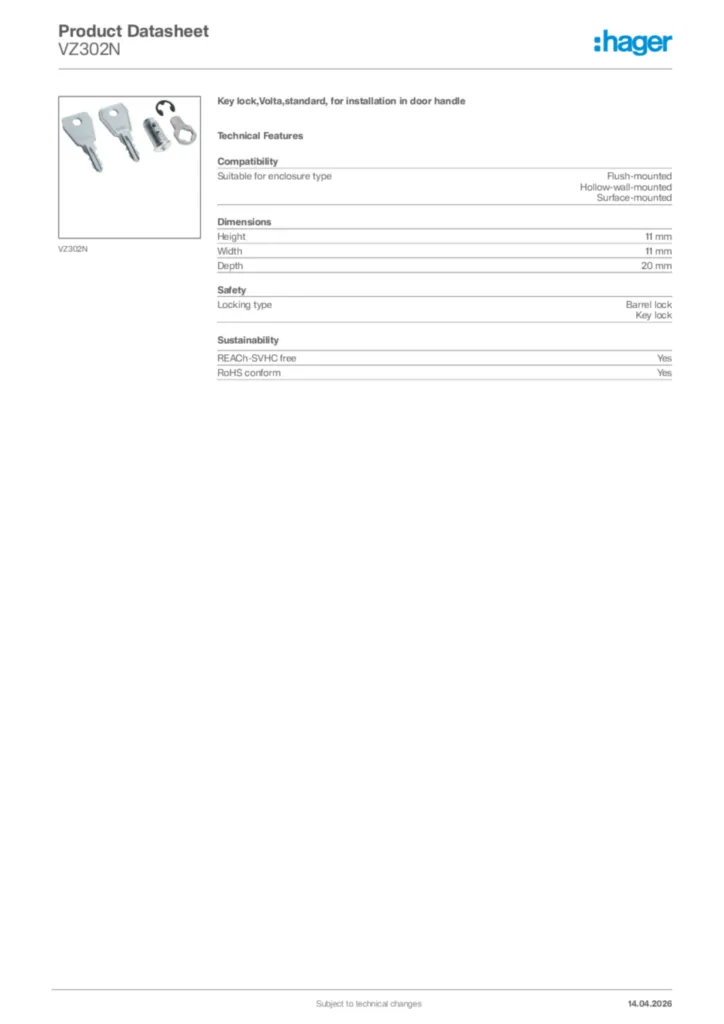 Image Hager Product data sheet VZ302N  | Hager Africa