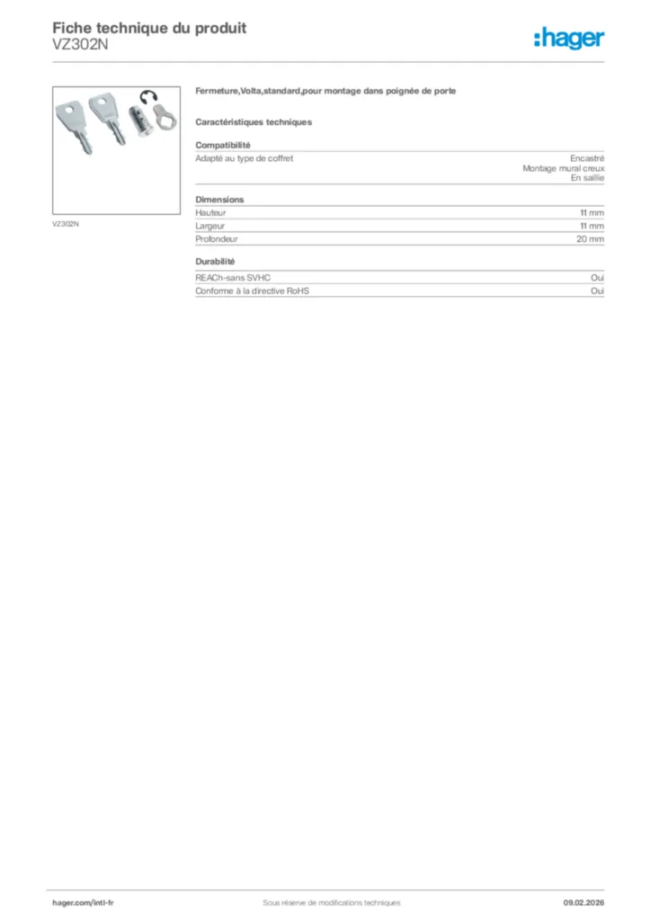 Image Hager Fiche technique du produit VZ302N | Hager Afrique