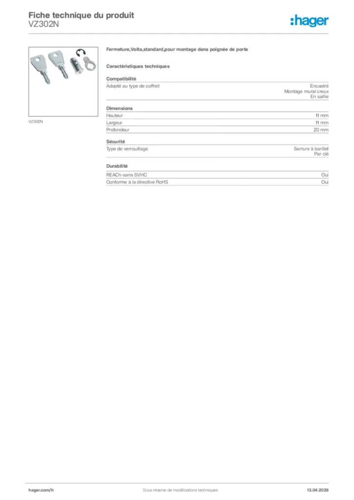 Image Hager Fiche technique du produit VZ302N | Hager France