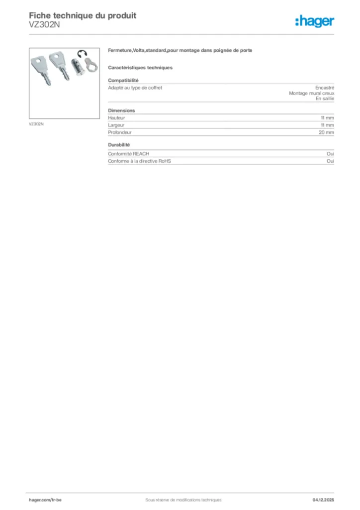 Image Hager Fiche technique du produit VZ302N | Hager Belgique