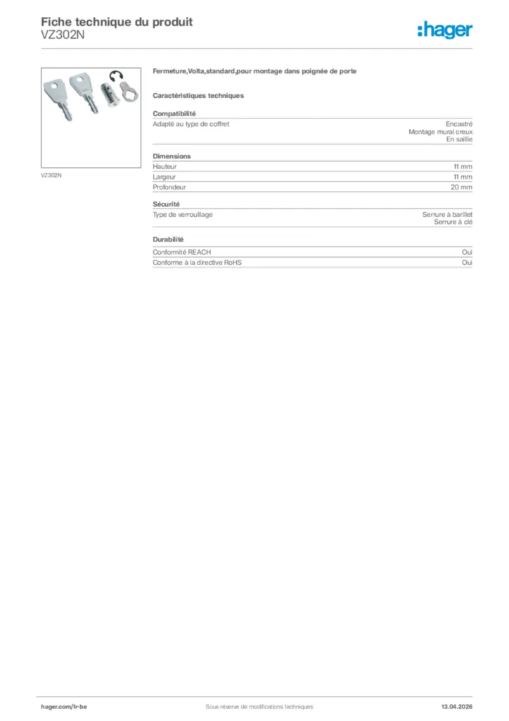 Image Hager Fiche technique du produit VZ302N | Hager Belgique