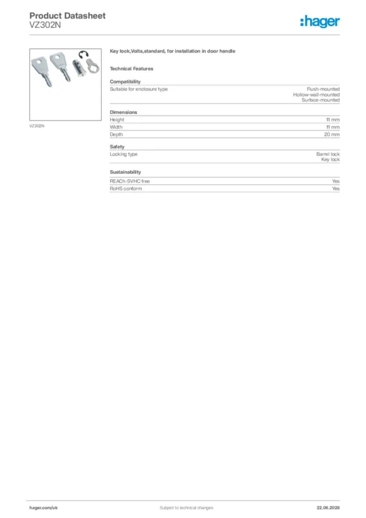 Image Hager Product data sheet VZ302N  | Hager