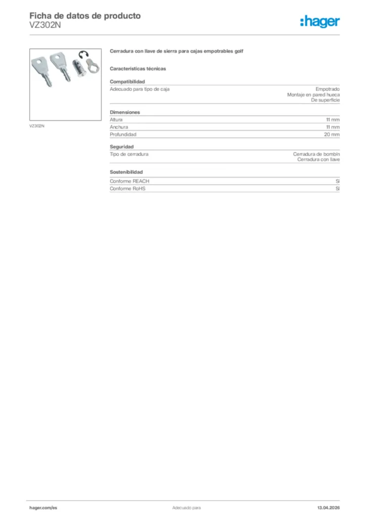 Imagen Hager Ficha de datos de producto VZ302N | Hager España