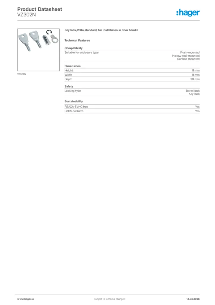 Image Hager Product data sheet VZ302N  | Hager