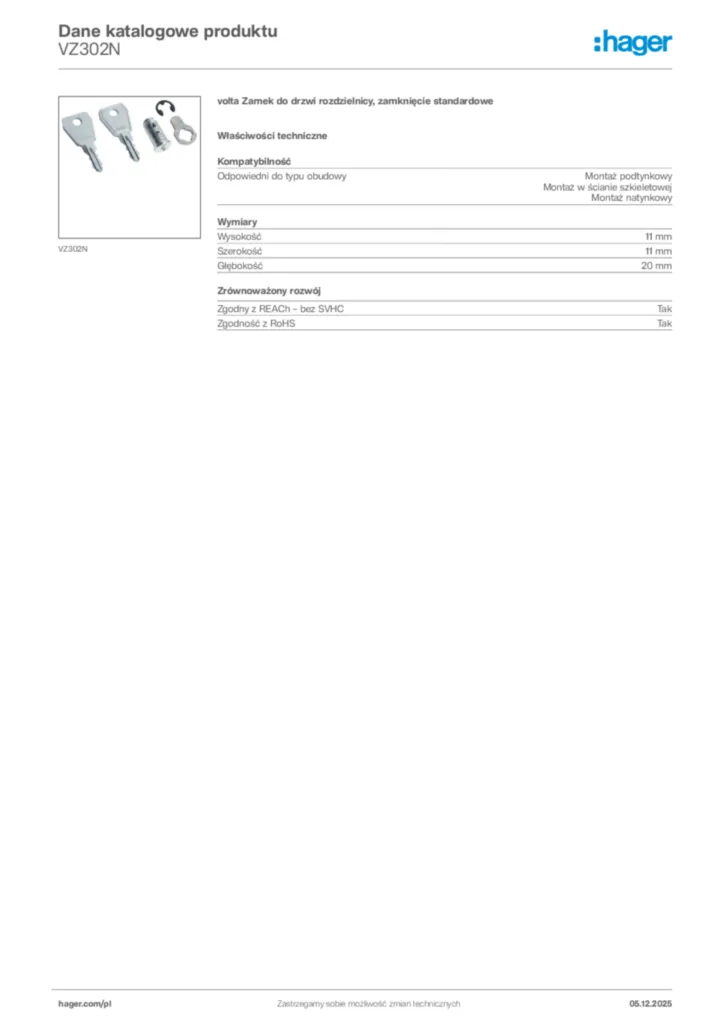 Zdjęcie Hager Karta katalogowa VZ302N | Hager Polska
