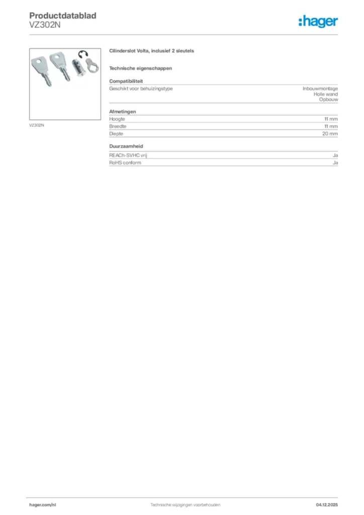 Afbeelding Hager Productdatablad VZ302N | Hager Nederland