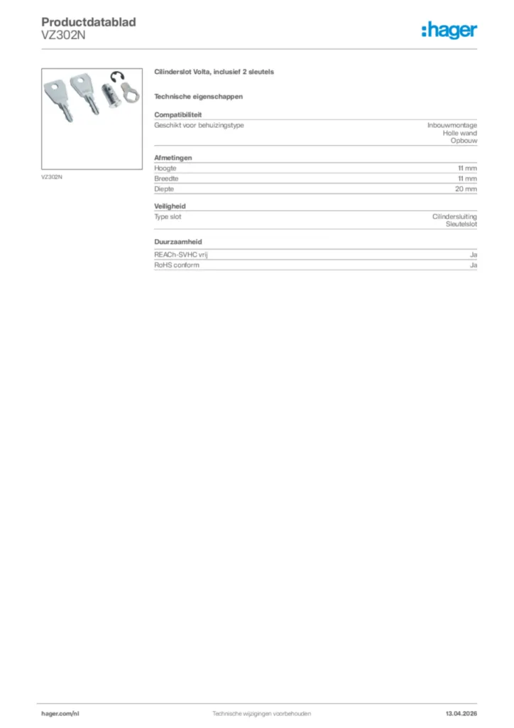Afbeelding Hager Productdatablad VZ302N | Hager Nederland