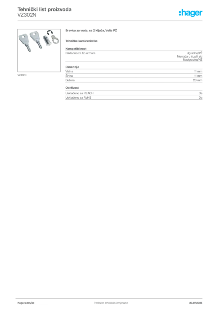 Slika Hager Product data sheet VZ302N  | Hager