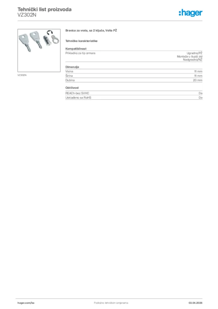 Slika Hager Tehnički list proizvoda VZ302N  | Hager