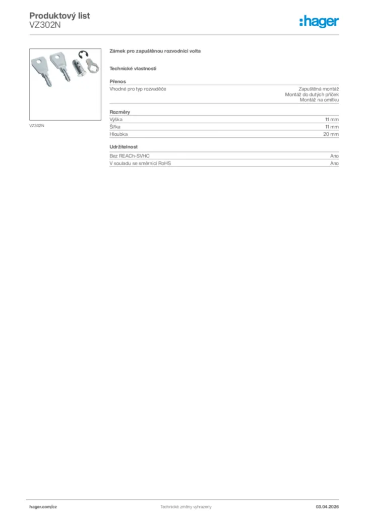 Obrázek Hager Product data sheet VZ302N | Hager