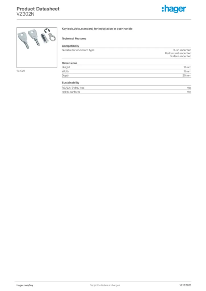 Image Hager Product data sheet VZ302N  | Hager