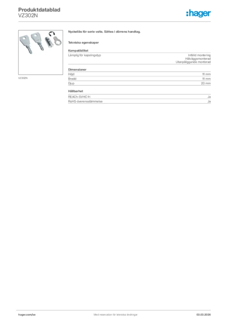 Bild Hager Produktdatablad VZ302N | Hager Sverige