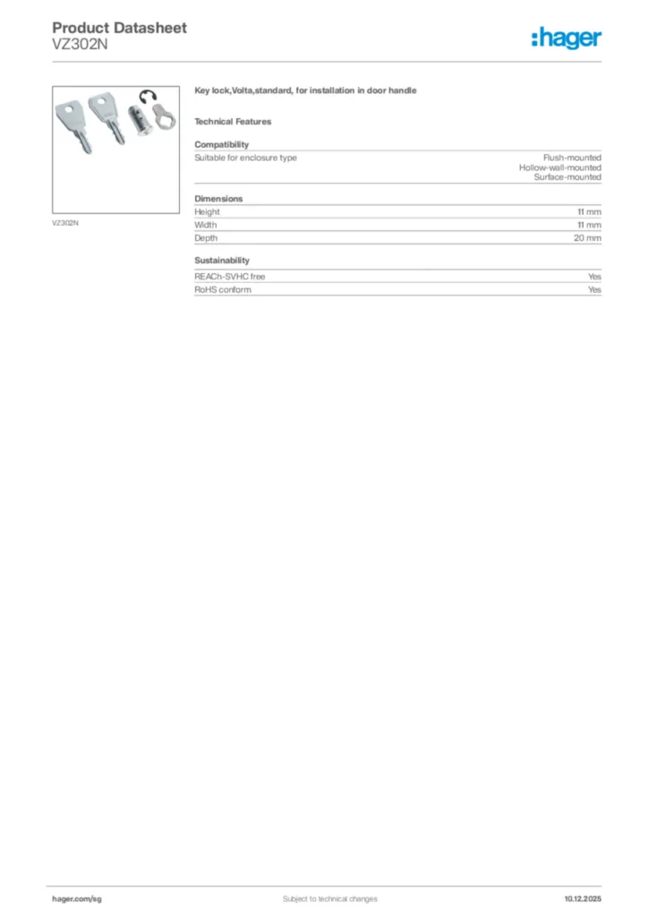 Image Hager Product data sheet VZ302N  | Hager