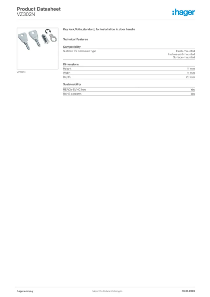 Image Hager Product data sheet VZ302N  | Hager