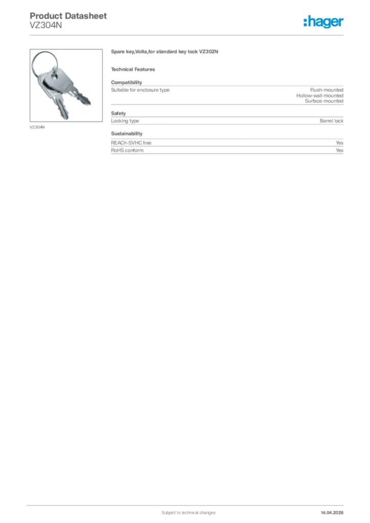 Image Hager Product data sheet VZ304N  | Hager Africa
