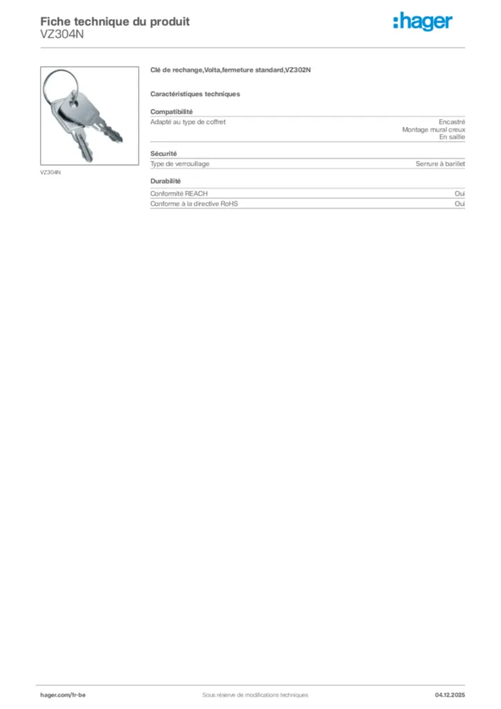 Image Hager Fiche technique du produit VZ304N | Hager Belgique