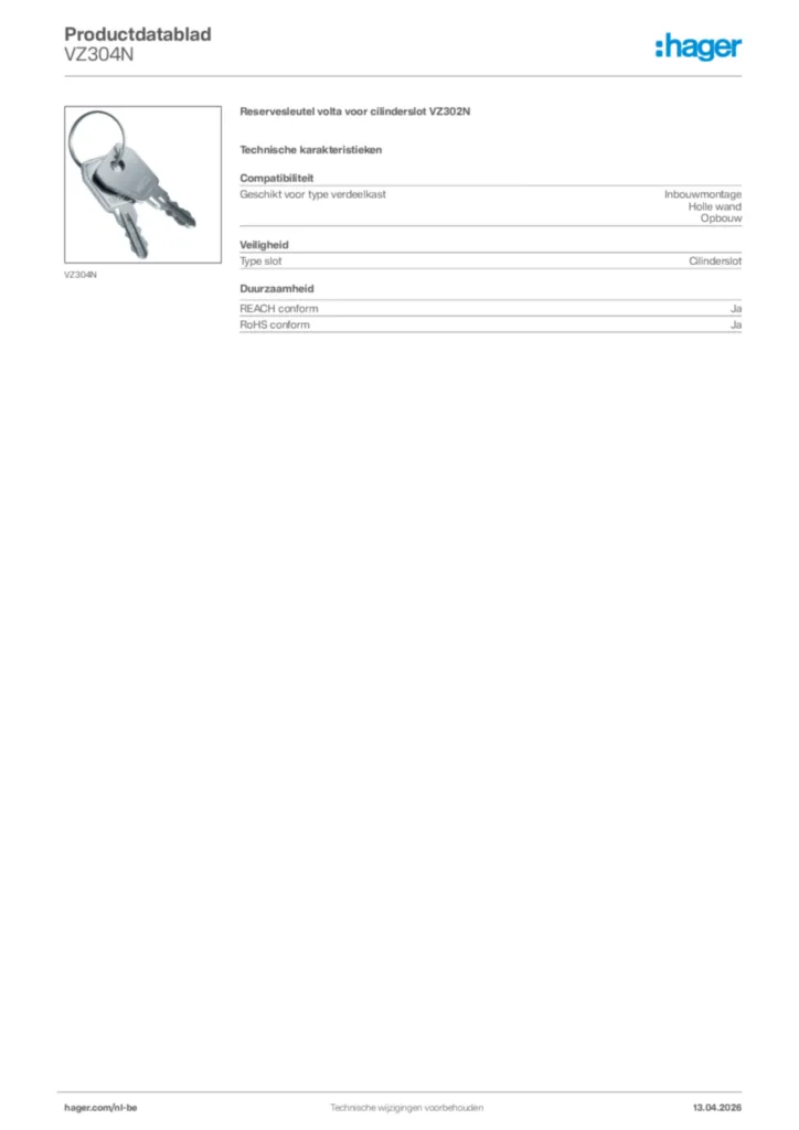 Afbeelding Hager Productdatablad VZ304N | Hager Belgium