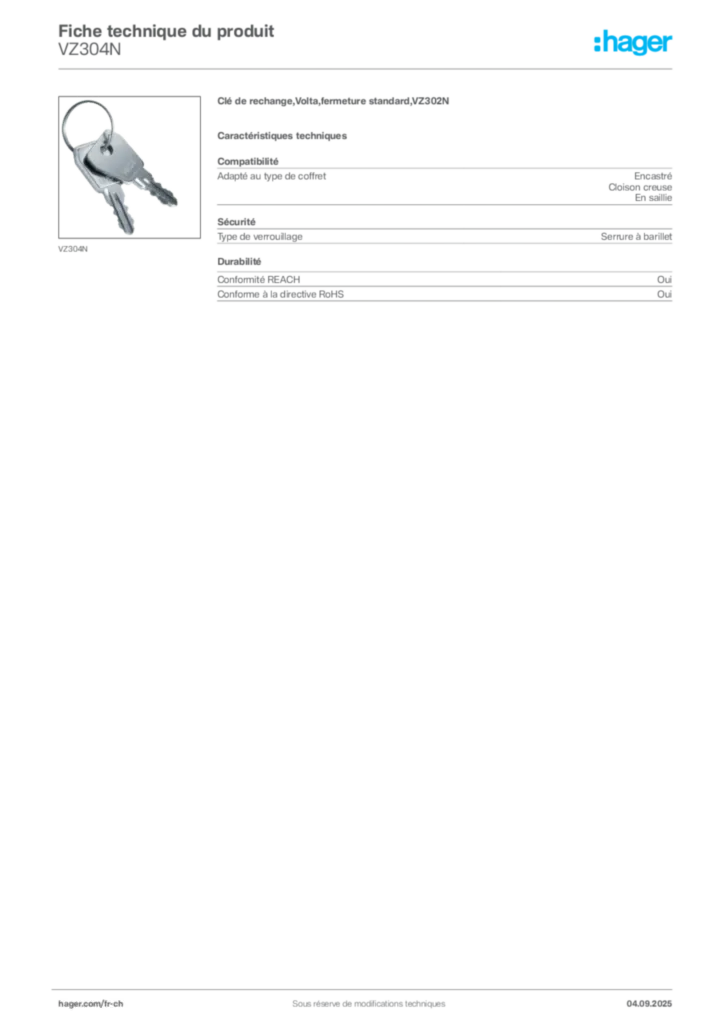Image Hager Fiche technique du produit VZ304N | Hager Suisse