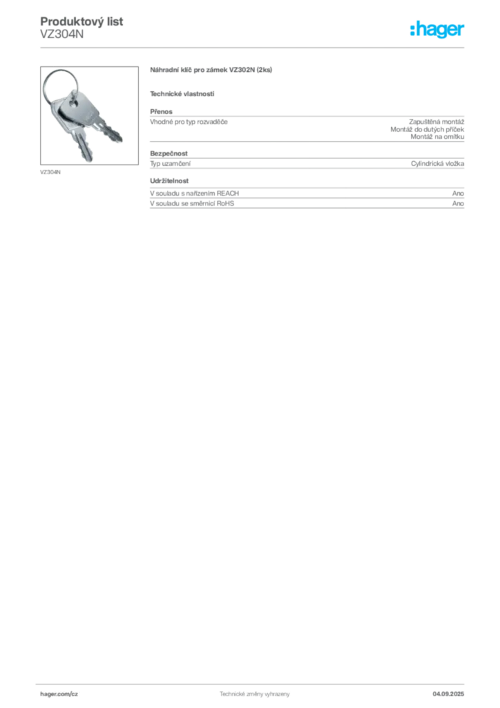 Obrázek Hager Produktový list VZ304N | Hager
