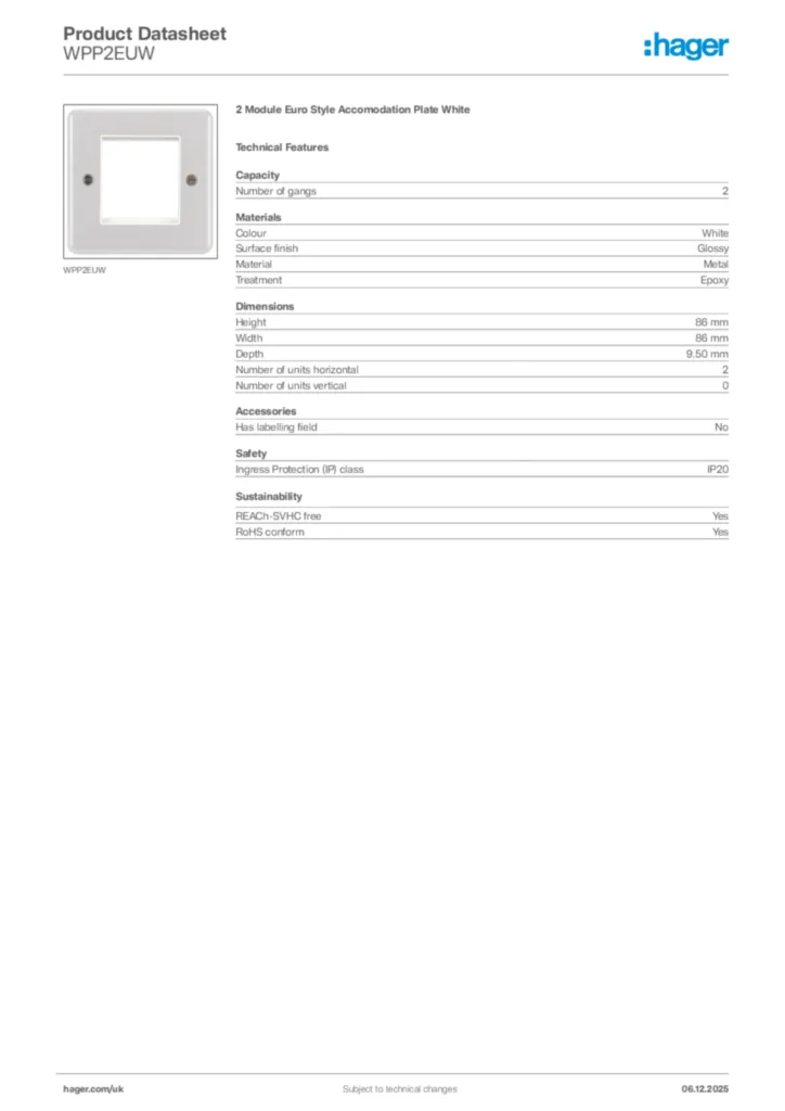 Image Hager Product data sheet WPP2EUW  | Hager