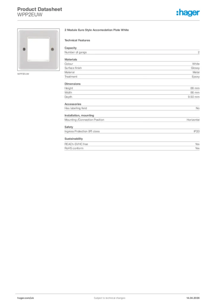 Image Hager Product data sheet WPP2EUW  | Hager