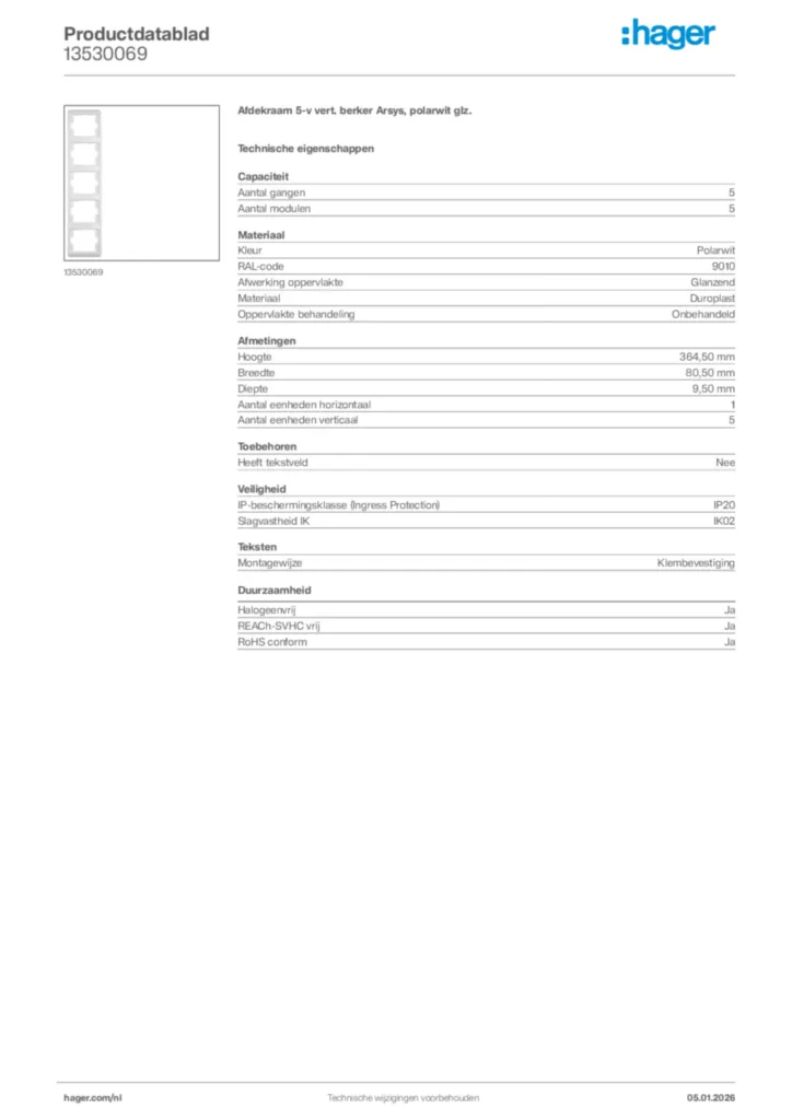 Afbeelding Hager Productdatablad 13530069 | Hager Nederland