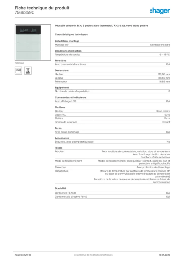 Image Hager Fiche technique du produit 75663590 | Hager Belgique