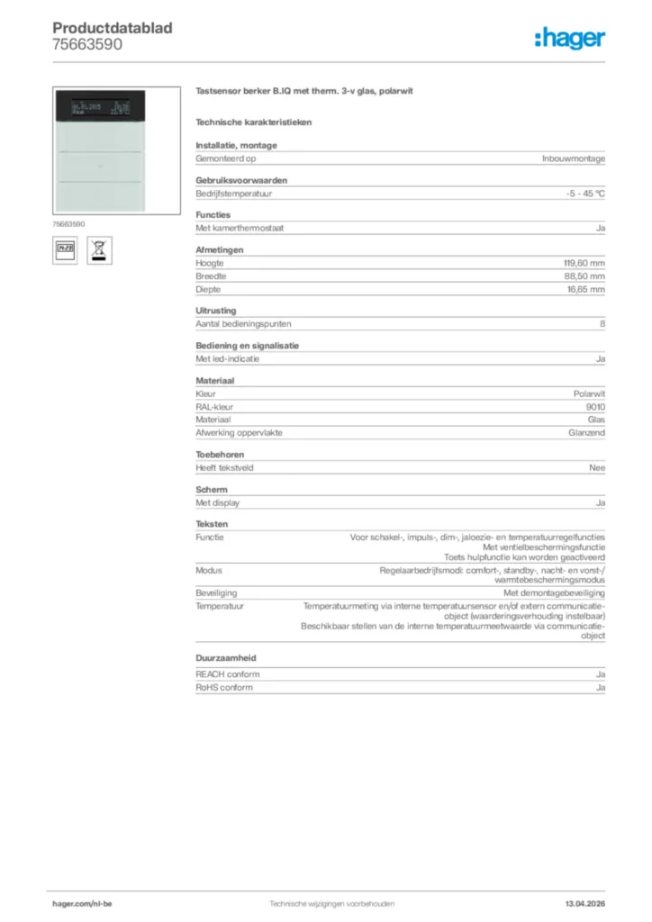 Afbeelding Hager Productdatablad 75663590 | Hager Belgium