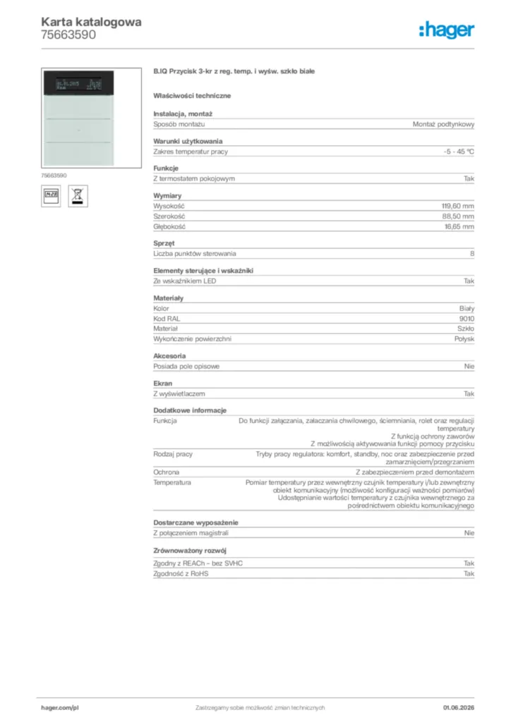 Zdjęcie Hager Karta katalogowa 75663590 | Hager Polska