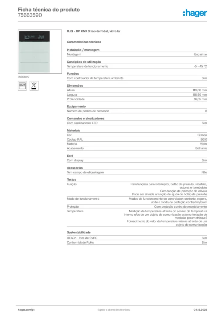 Imagem Hager Ficha técnica do produto 75663590 | Hager Portugal