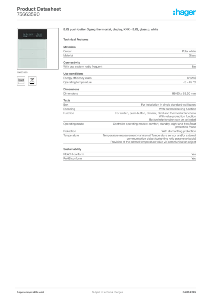 Image Hager Product data sheet 75663590  | Hager