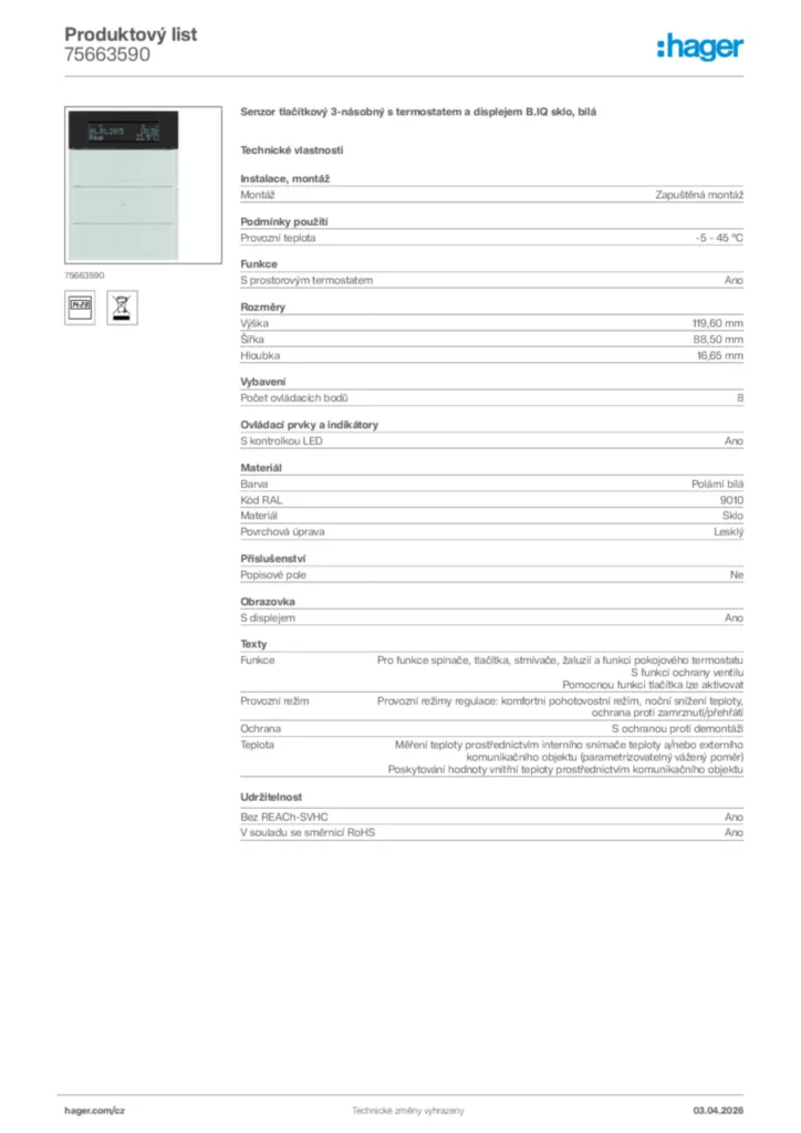 Obrázek Hager Product data sheet 75663590 | Hager