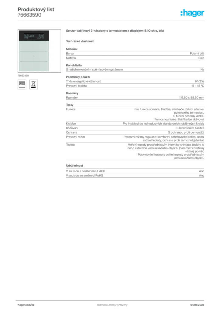 Obrázek Hager Produktový list 75663590 | Hager