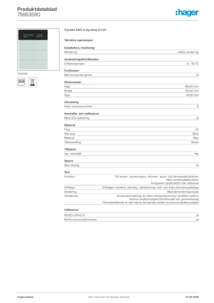 Bild Hager Produktdatablad 75663590 | Hager Sverige