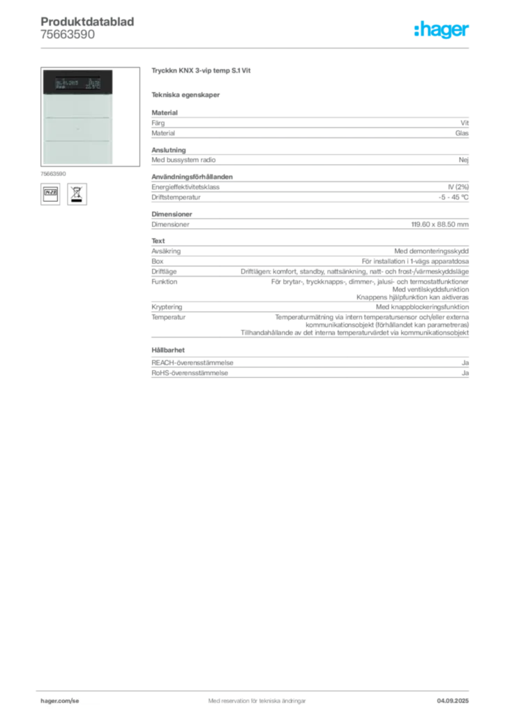 Bild Hager Produktdatablad 75663590 | Hager Sverige