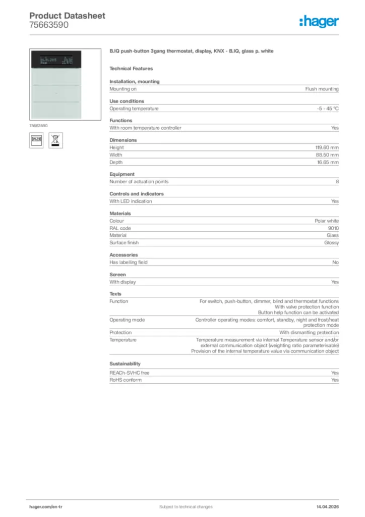 Image Hager Product data sheet 75663590  | Hager