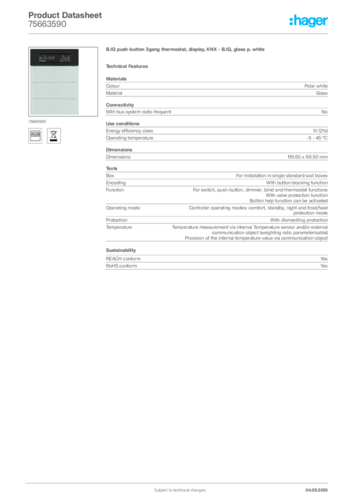 Image Hager Product data sheet 75663590  | Hager