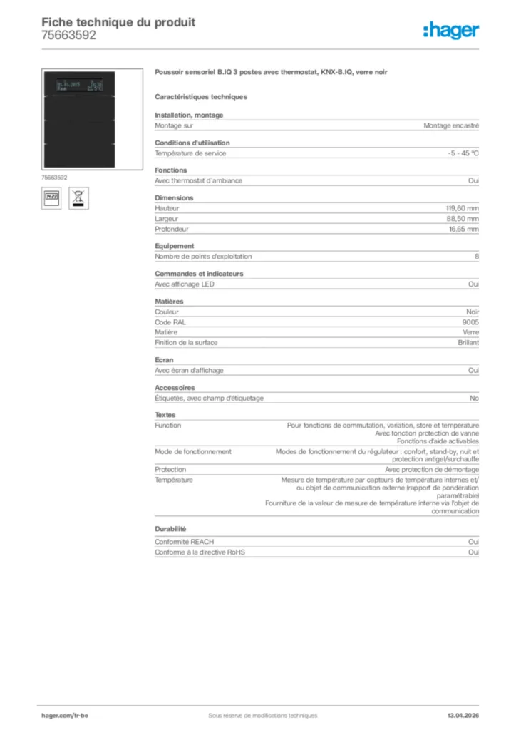 Image Hager Fiche technique du produit 75663592 | Hager Belgique