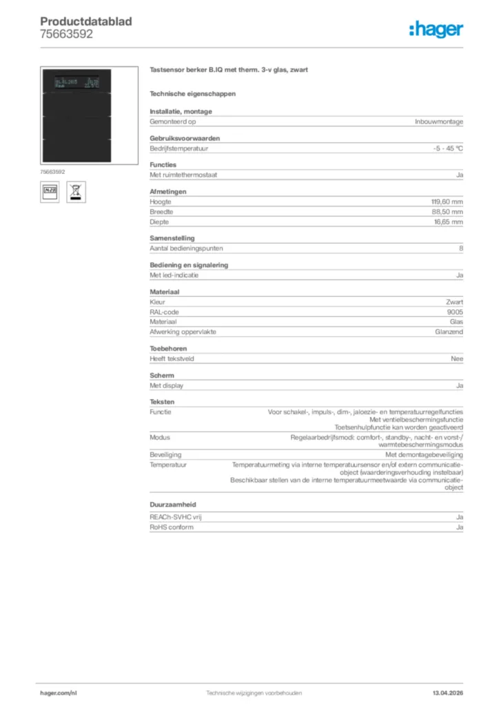 Afbeelding Hager Productdatablad 75663592 | Hager Nederland