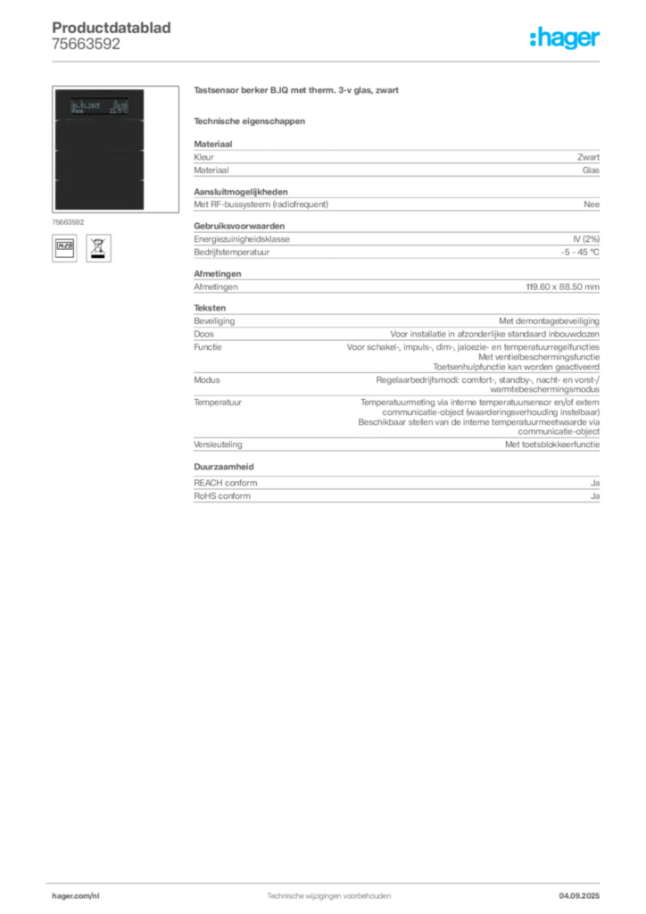 Afbeelding Hager Productdatablad 75663592 | Hager Nederland