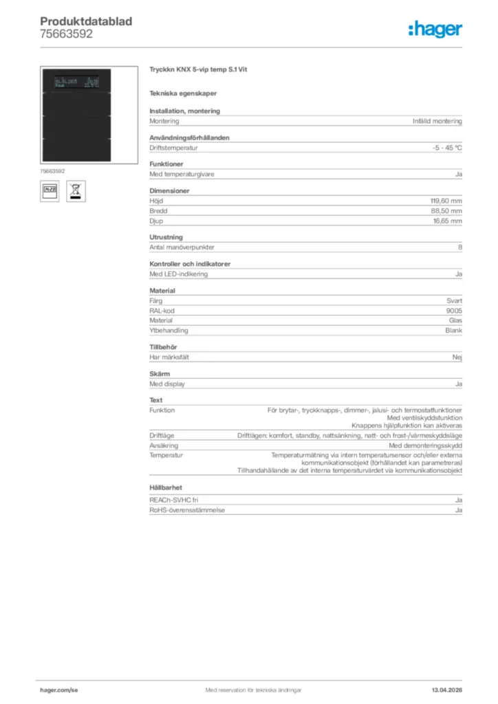 Bild Hager Produktdatablad 75663592 | Hager Sverige