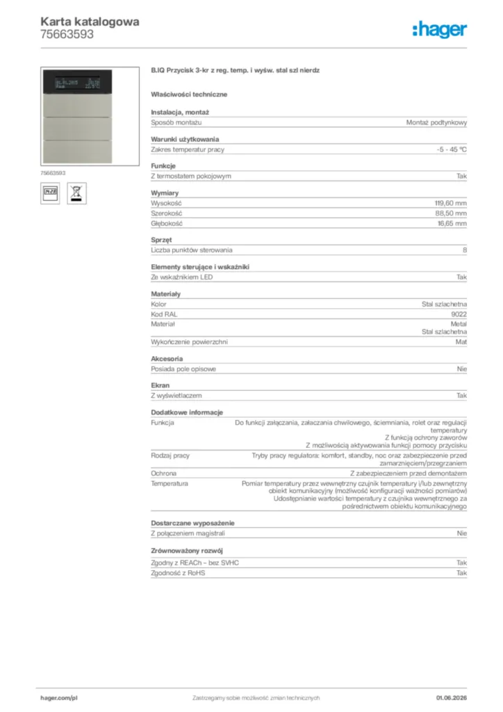 Zdjęcie Hager Karta katalogowa 75663593 | Hager Polska