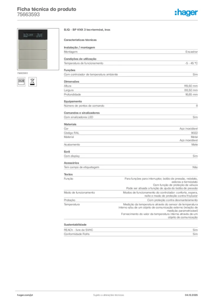 Imagem Hager Ficha técnica do produto 75663593 | Hager Portugal