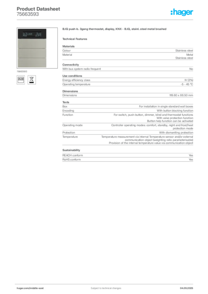 Image Hager Product data sheet 75663593  | Hager