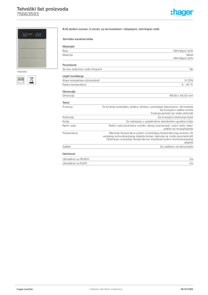 Slika Hager Product data sheet 75663593  | Hager