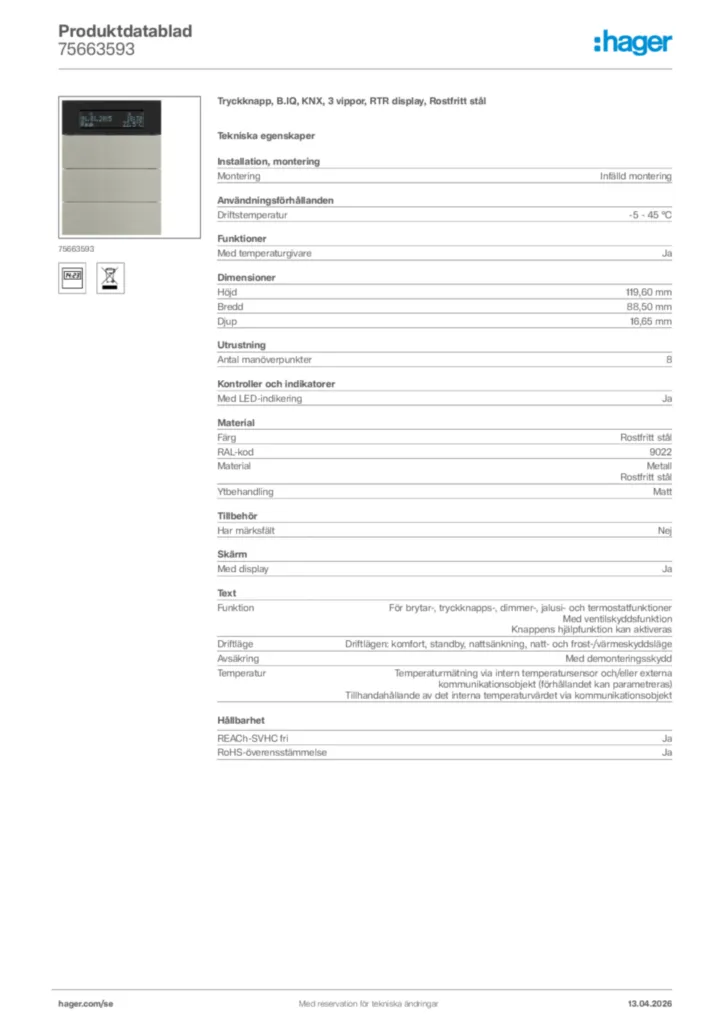 Bild Hager Produktdatablad 75663593 | Hager Sverige