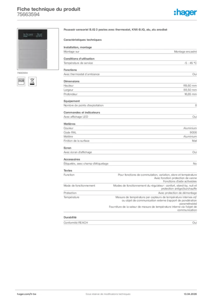 Image Hager Fiche technique du produit 75663594 | Hager Belgique